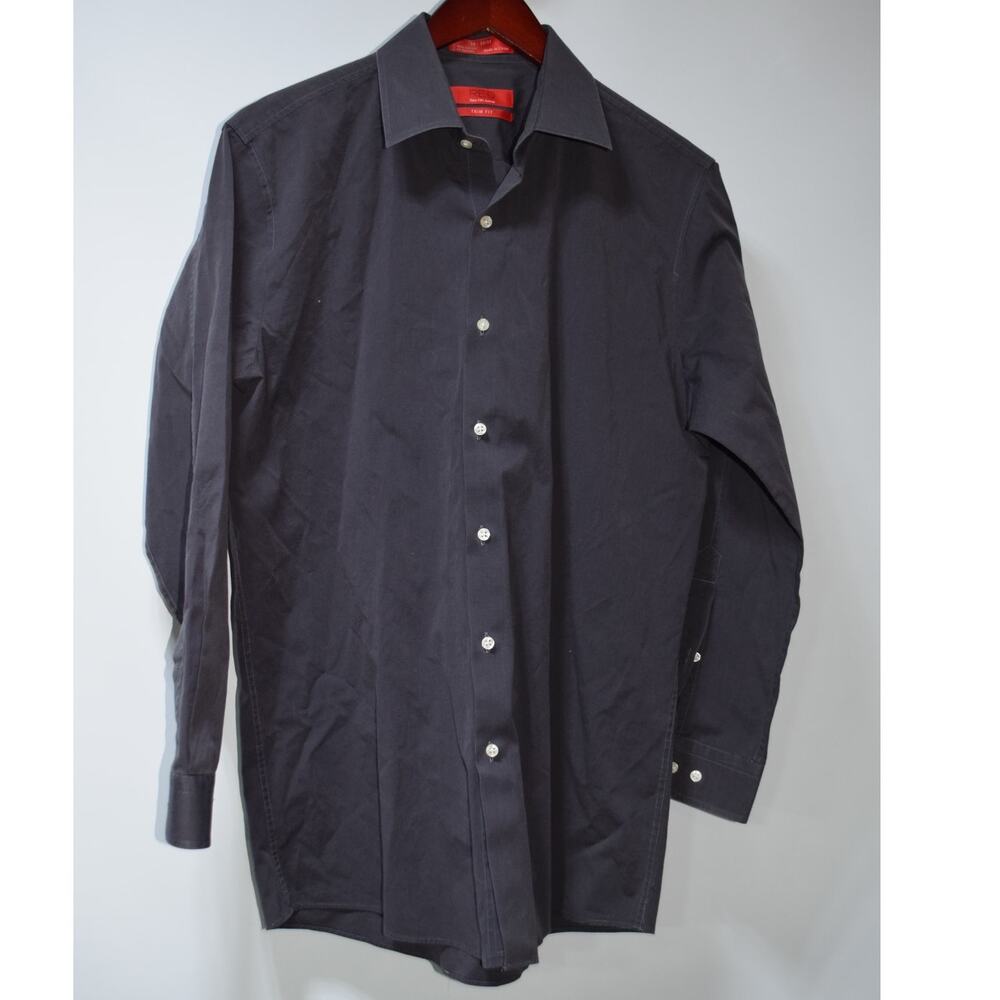 Saks Fifth Avenue RED Dark Gray Trim Fit Dress Shirt 16 32/33